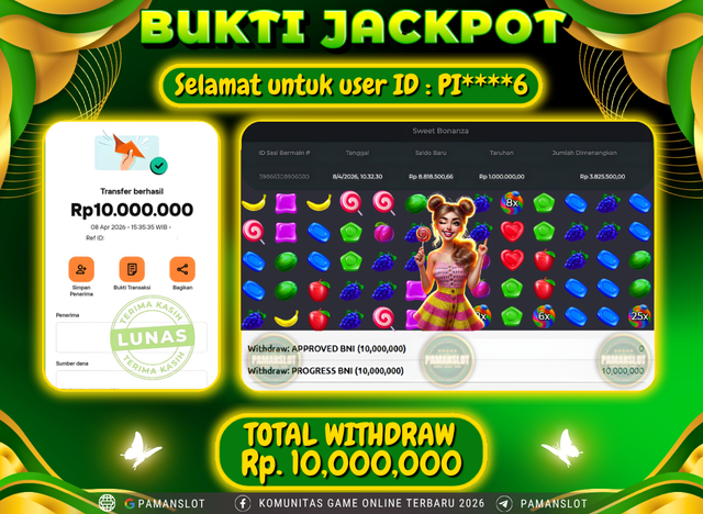 Selamat kepada Member PAMANSLOT Game Sweet Bonanza  : PI****6
