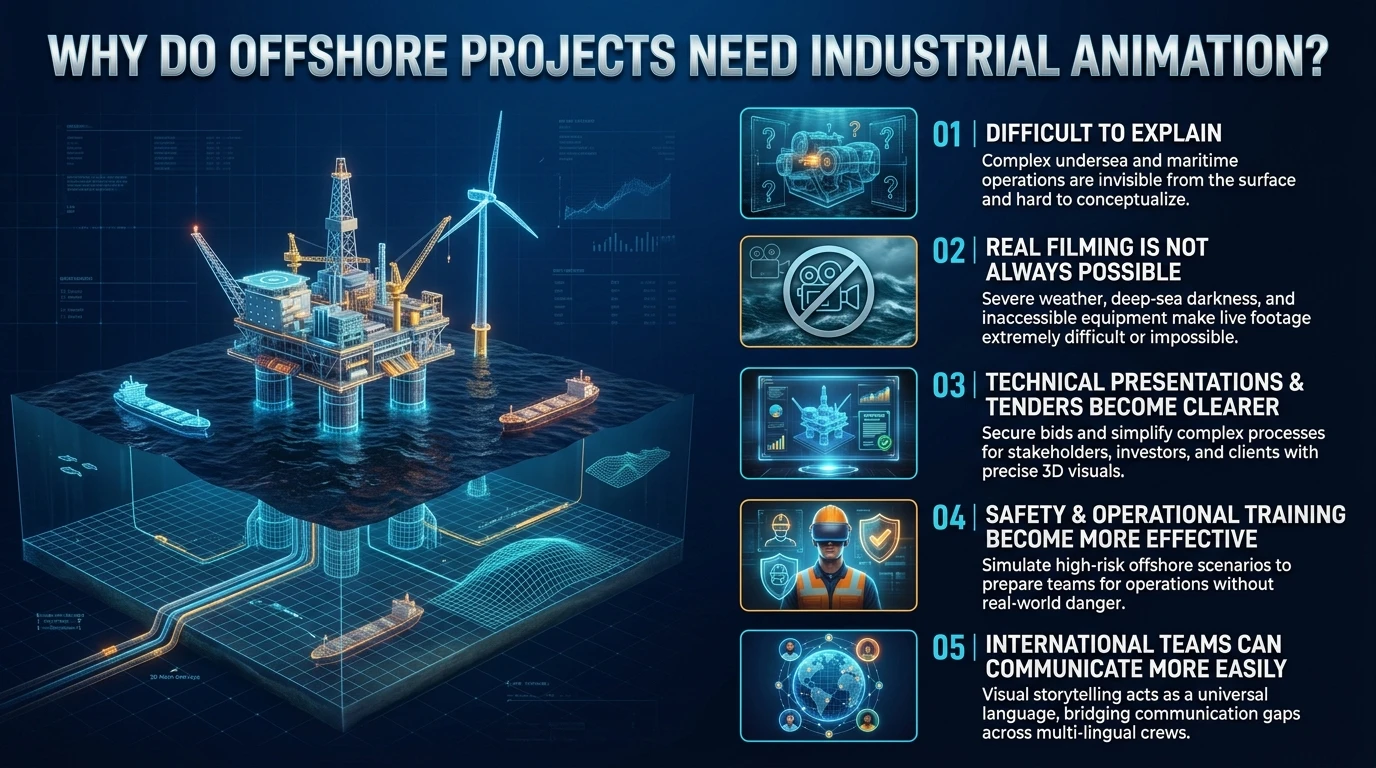 Why offshore projects need industrial animation: explanation, filming limits, tenders, safety training and international communication