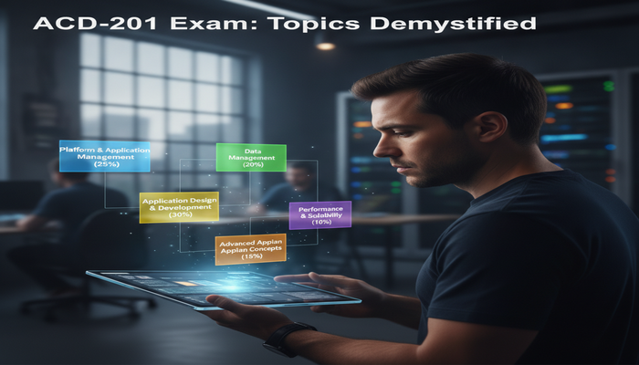 ACD-201 Exam: Topics Demystified A professional developer strategically examining a glowing, holographic interface that visually breaks down the Appian Senior Developer exam (ACD-201) syllabus into clear, color-coded topics and their weight percentages, emphasizing preparation.