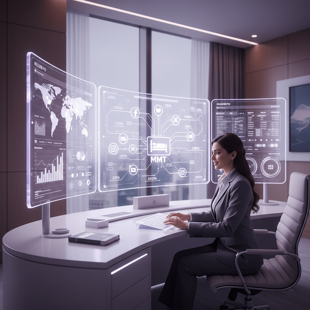Hotel owner tracking social media clicks to MMT bookings on analytics screens in a polished business setting