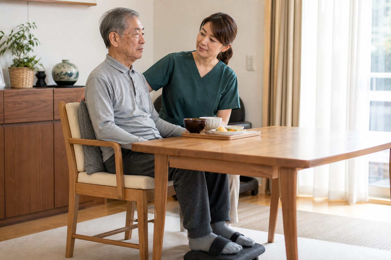 食事姿勢と体幹の安定を支える訪問リハビリの場面
