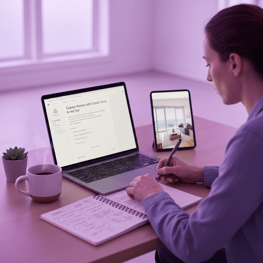 A host writing a clear Airbnb title and description on a laptop, with a notebook and coffee on a clean desk
