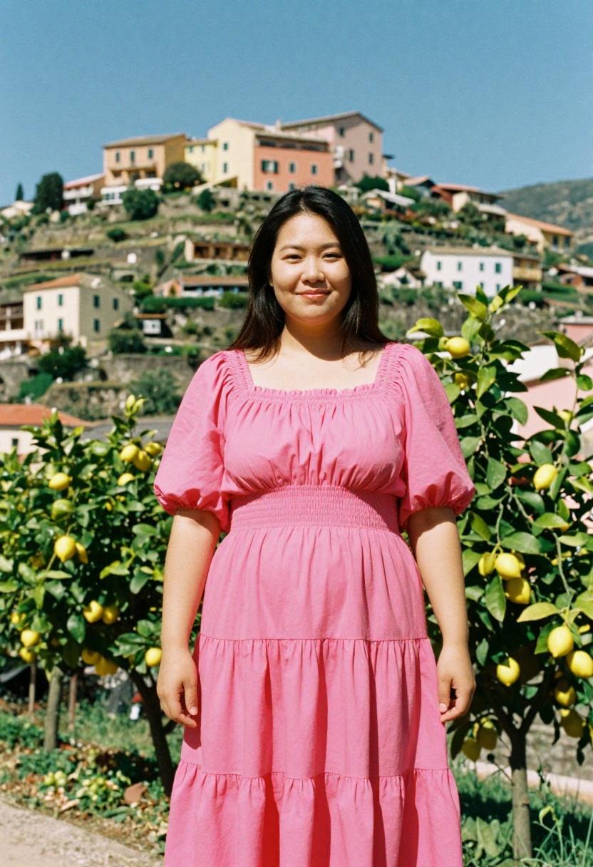 Fuchsia pink smocked maxi dress against a Mediterranean hillside for a bold fall moment