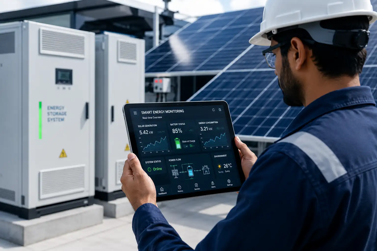 Engineer monitoring a smart renewable energy dashboard on a tablet