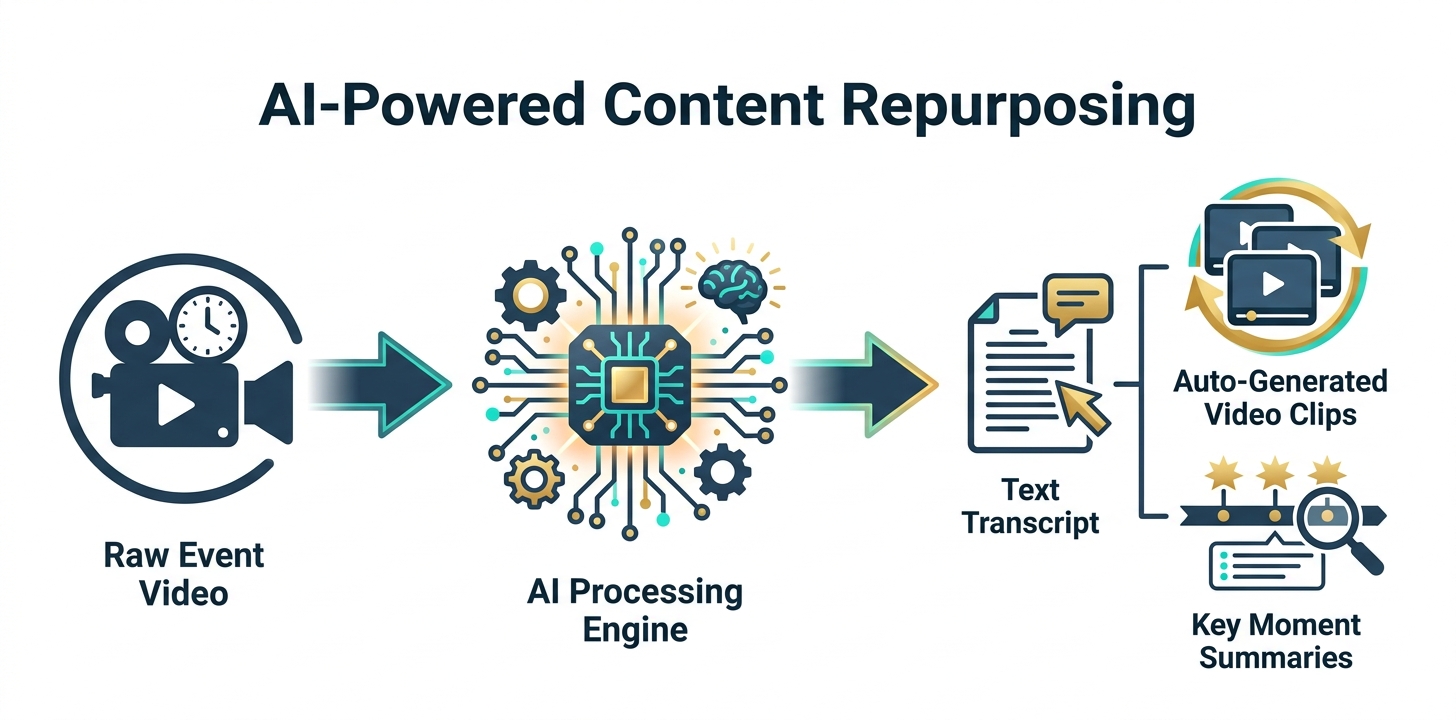 Infographic showing how AI processes raw event video to automatically create text transcripts, video clips, and summaries.