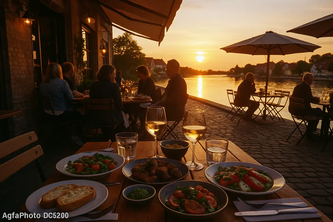 Hyggelig restaurantbord med mad og drikke på Sjælland ved solnedgang