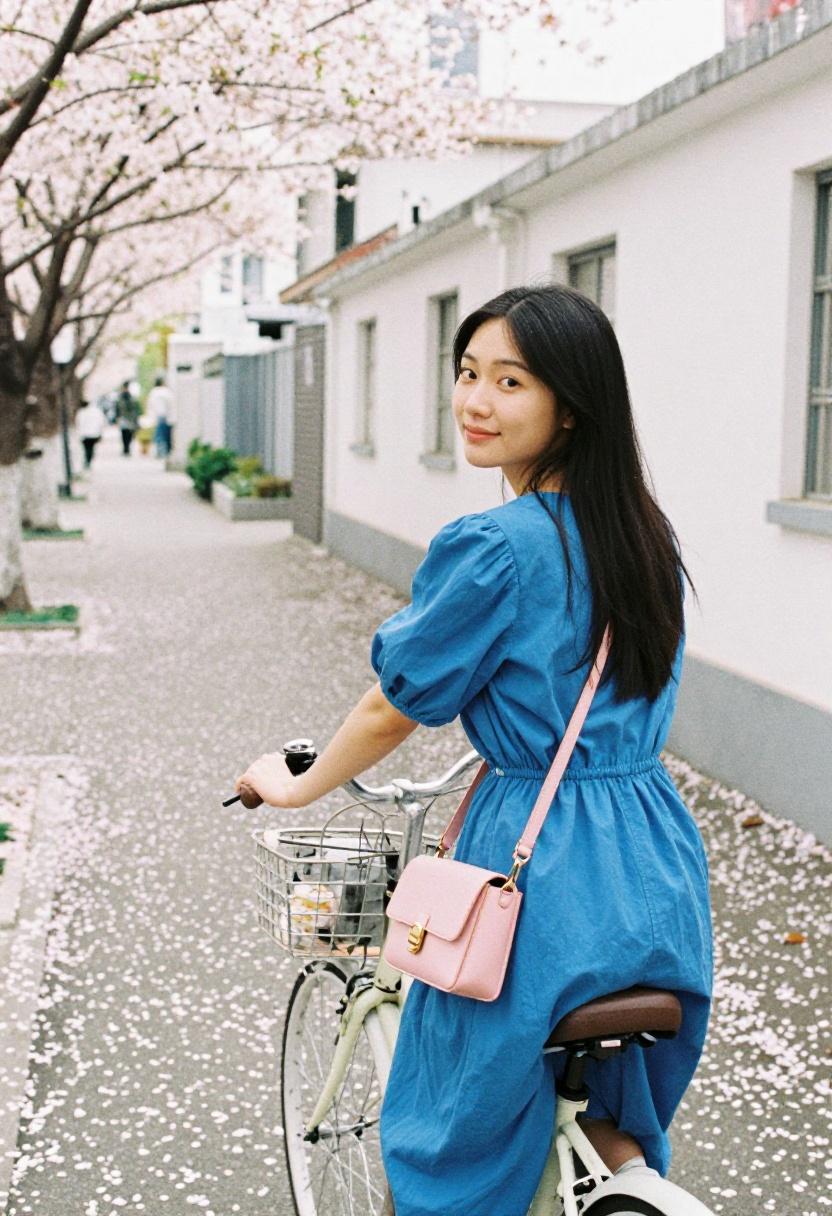 Electric blue puff-sleeve midi dress with white sneakers during a cherry blossom bike ride
