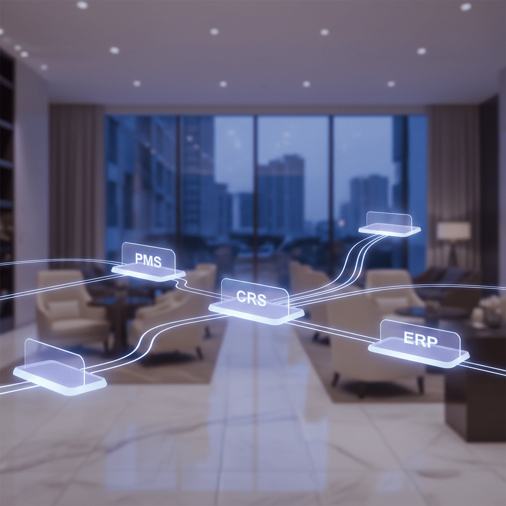 Connected hotel systems with PMS, POS, CRS, and ERP linked by data lines