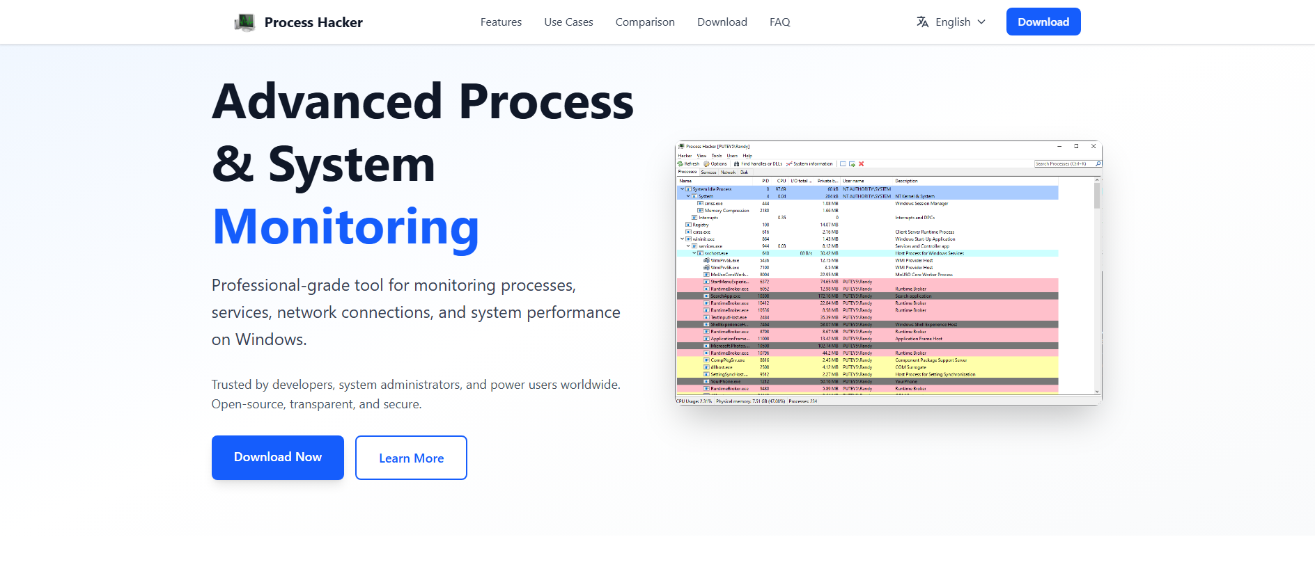 Forensic screenshot of processhacker.dev showing the phishing page layout