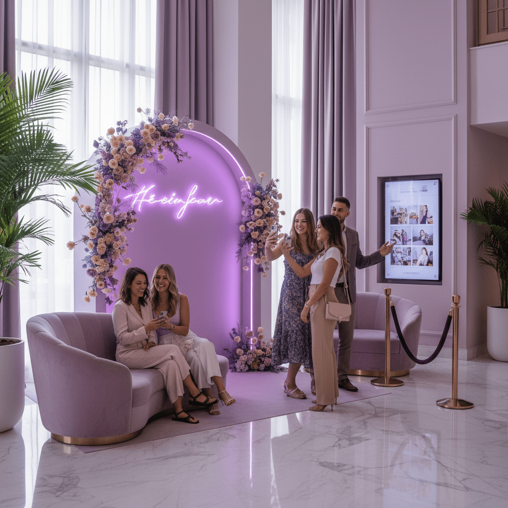 Hotel lobby social media moment with guests sharing photos, warm inviting decor, branded photo corner