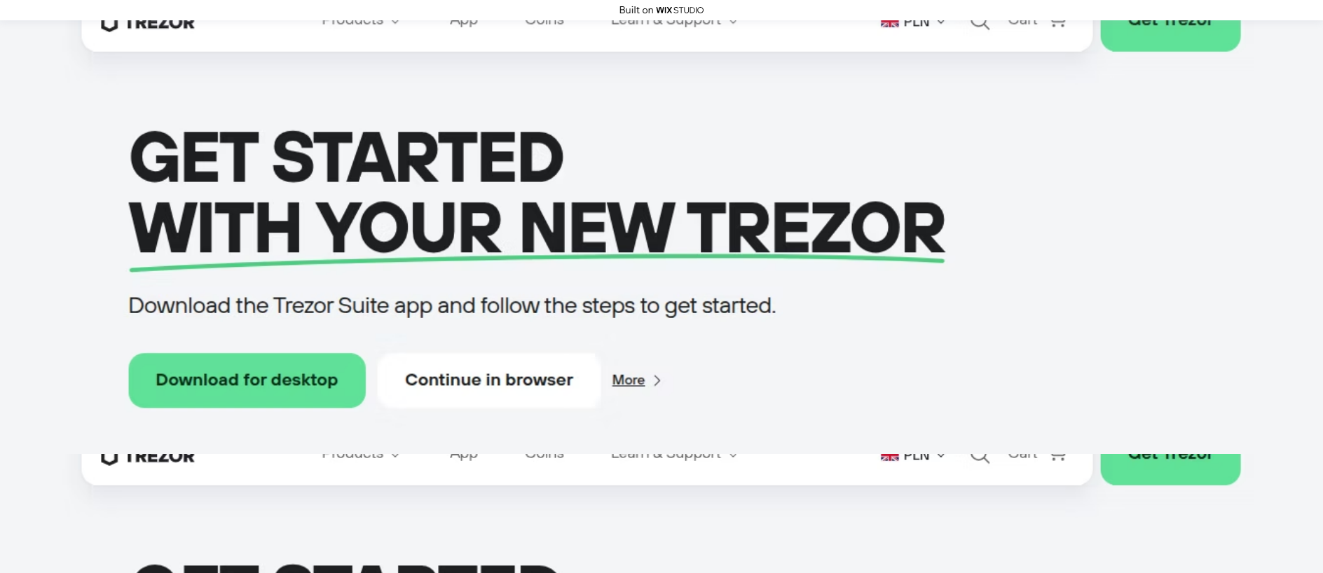 Forensic screenshot of ioapps-trezrcdn.wixstudio.com showing the phishing page layout