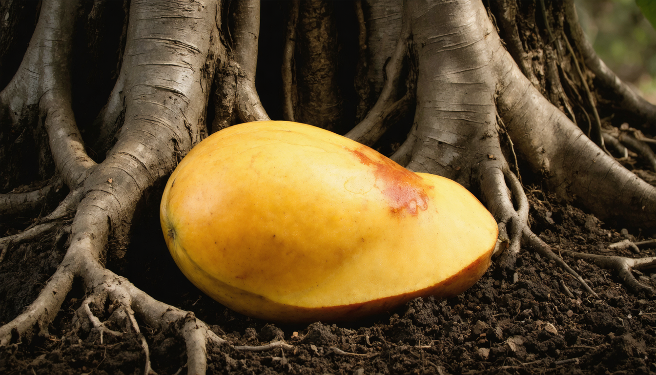 A single ripe mango resting on dark soil beside exposed tree roots, slightly soft on one side, in warm diffused morning light.