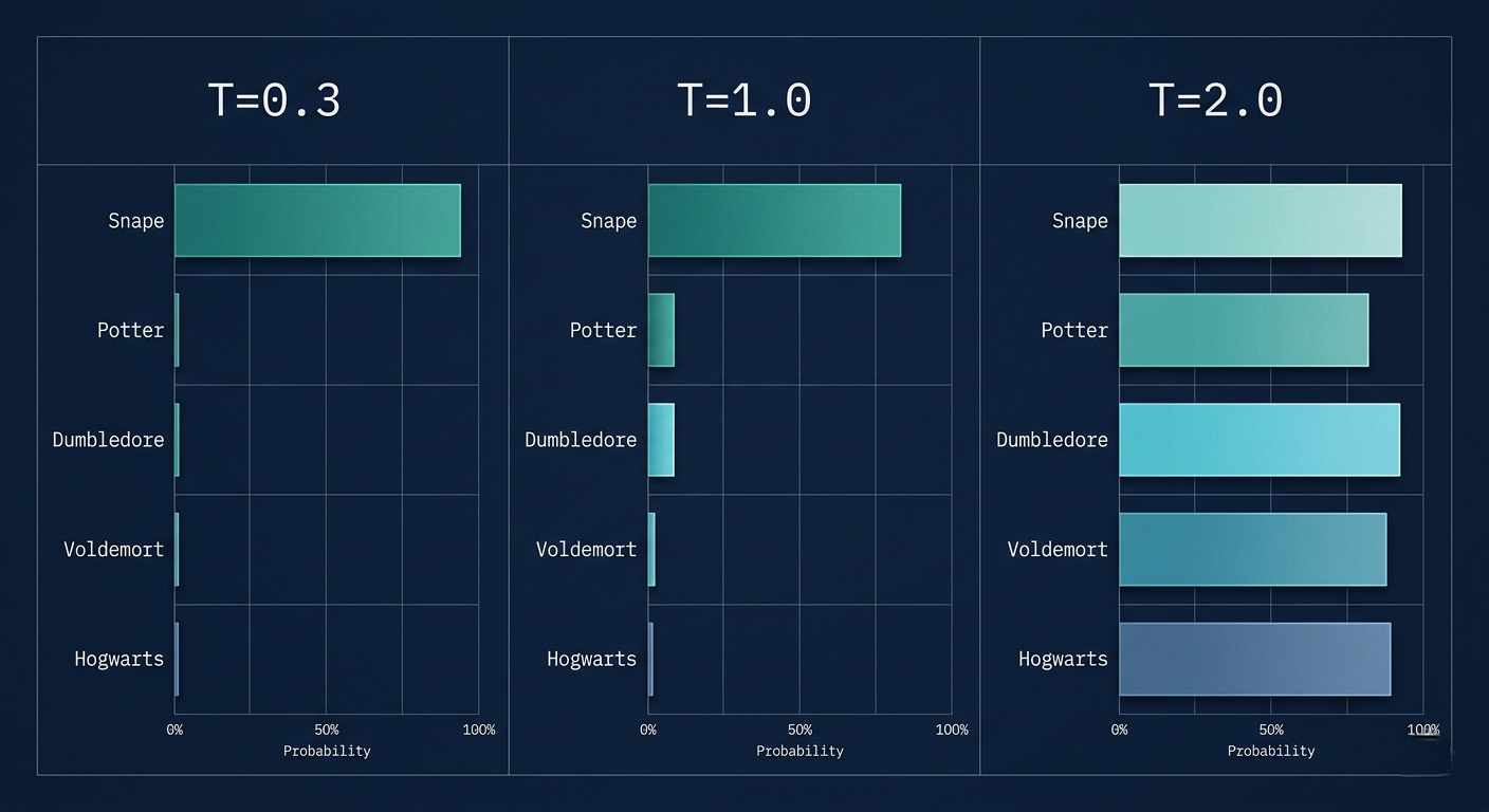 LLM next token prediction probability distribution diagram showing vocabulary tokens with probability bars and sampling mechanism