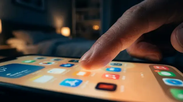 Fingertip touching glowing smartphone screen in dim light, intimate macro detail