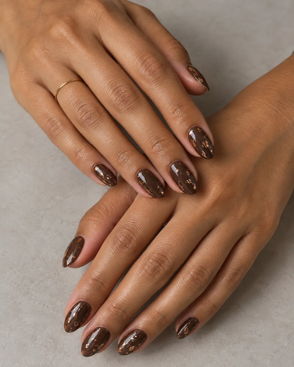 Chocolate Brown Foil-Flake Accent manicure inspiration for chocolate brown nail ideas