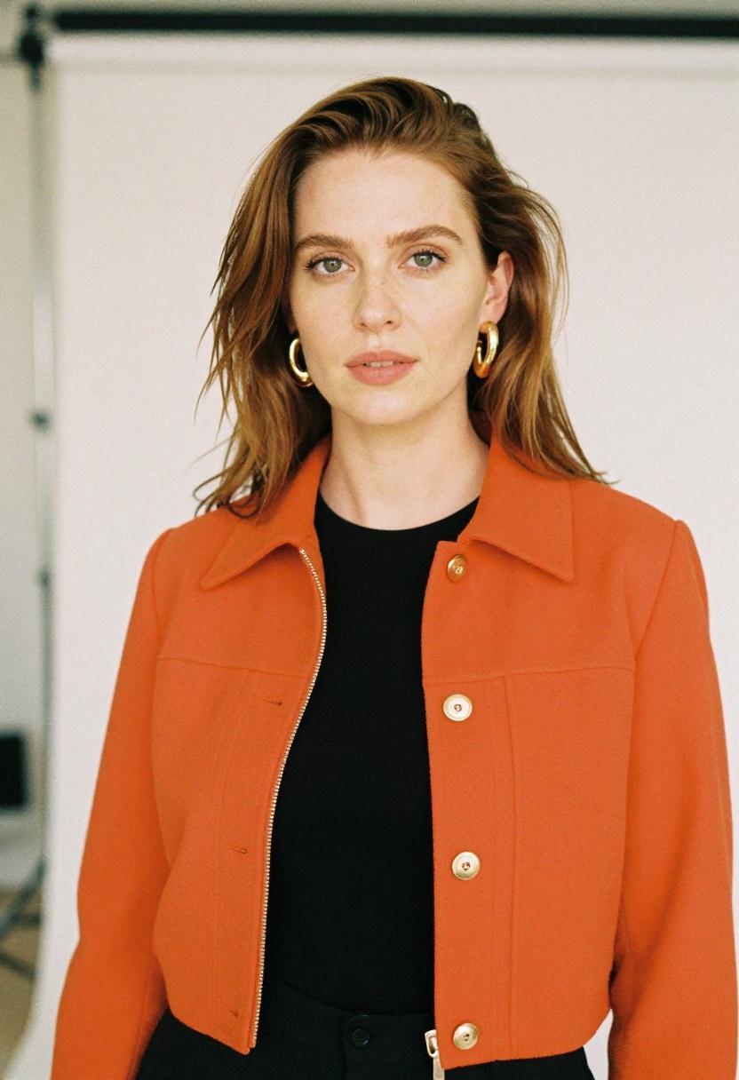 Burnt orange cropped jacket over black mock-neck top smart casual statement