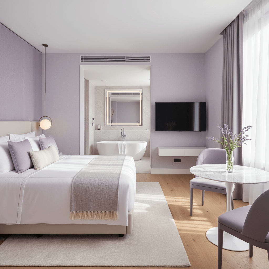 A bright inviting hotel room with strong natural light, wide-angle hero shot
