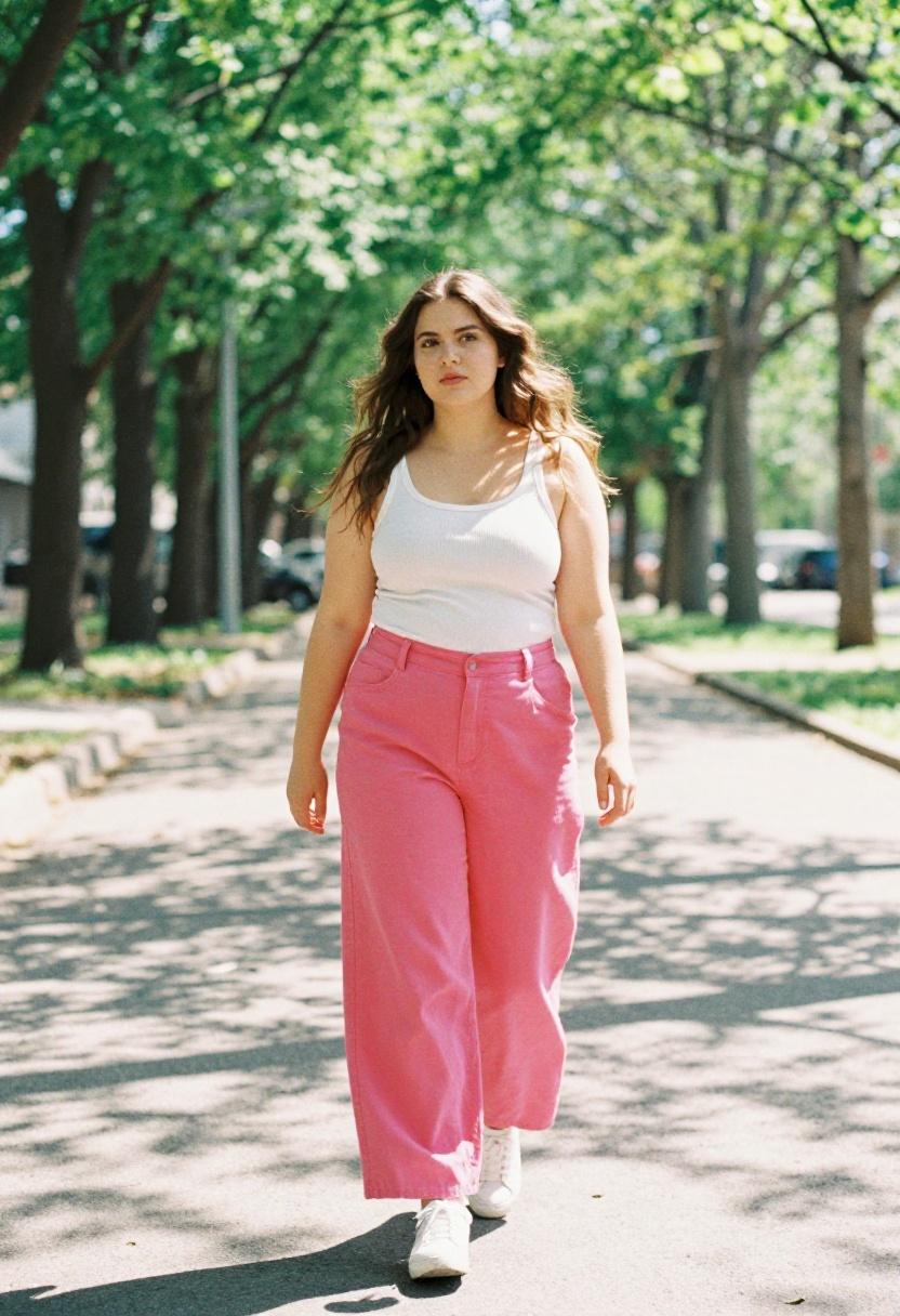 Plus size woman in fuchsia wide-leg trousers with white sneakers on a sunny spring path