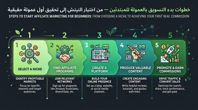 خطوات البدء في التسويق بالعمولة للمبتدئين — من اختيار المجال إلى تحقيق أول عمولة حقيقية