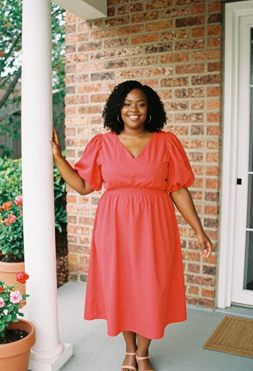 Plus size woman in bold coral-red puff sleeve midi dress on a charming brick porch