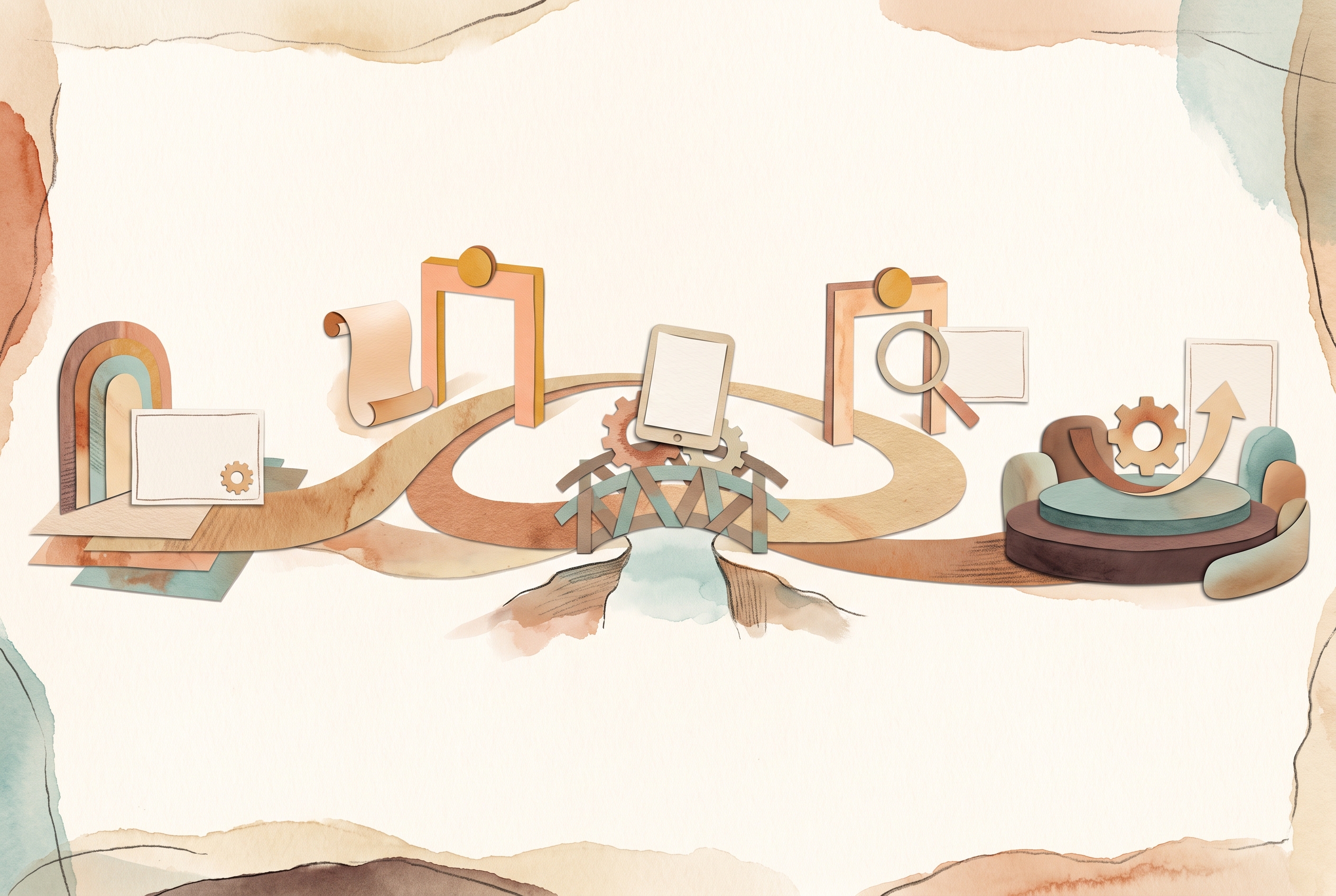 Hand-drawn paper-craft path crossing checkpoints and a bridge to rehearse safe AI-agent deployment.