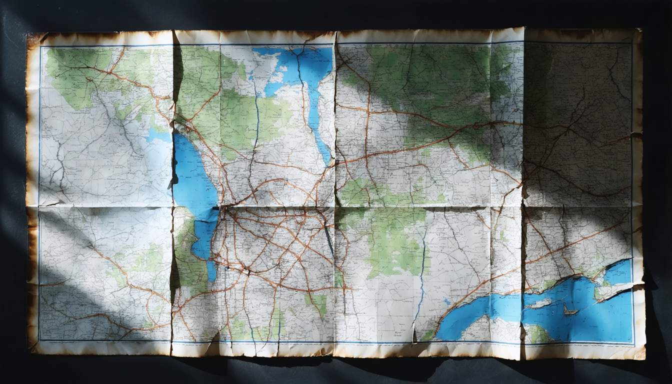 A laminated paper map, cracked and worn, held up against a lit screen in a dark room