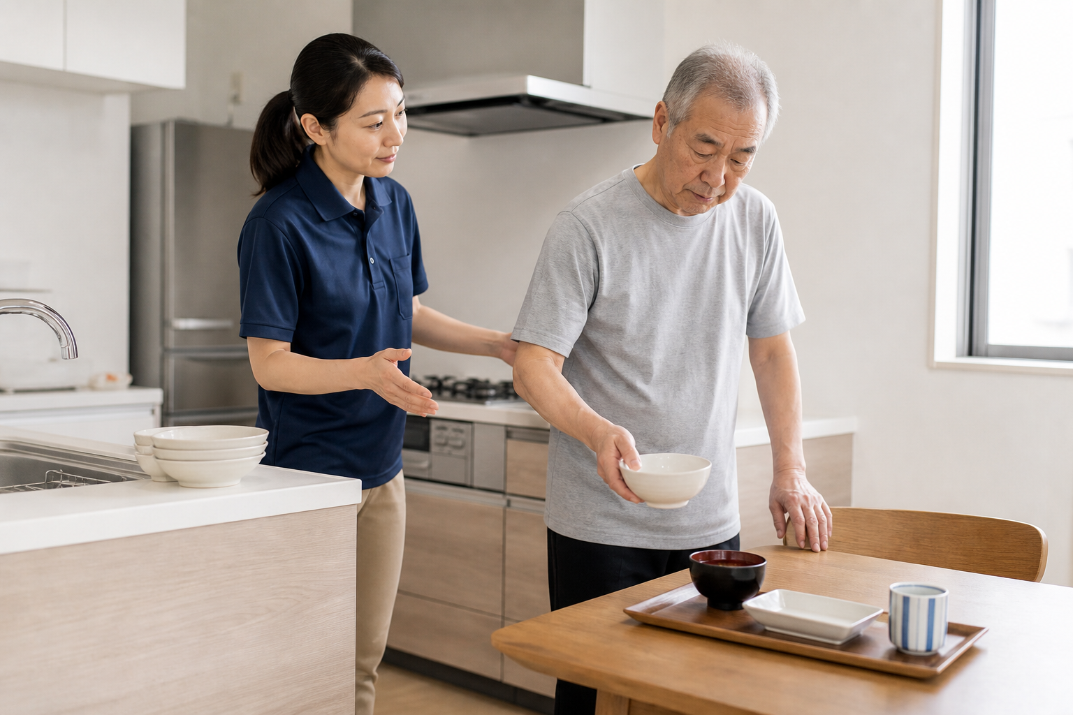 自宅の台所で作業療法士が安全を確認しながら食器を運ぶ練習を見守る場面