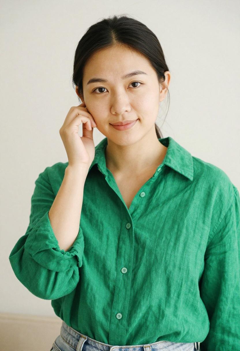 Emerald green linen shirt with cream straight leg jeans for fresh minimal Friday vibe