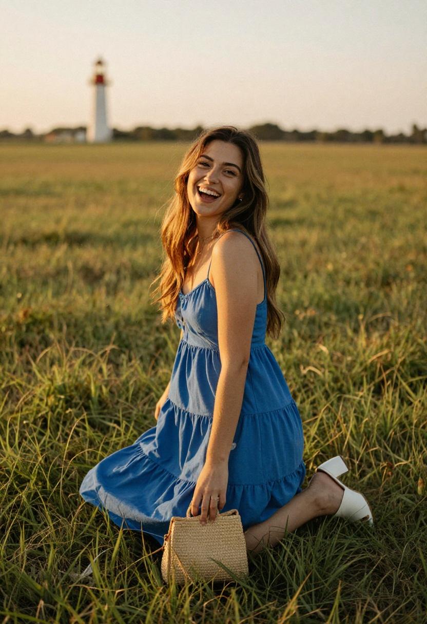 Woman in vivid cobalt blue midi dress standing in golden-hour light at outdoor brunch