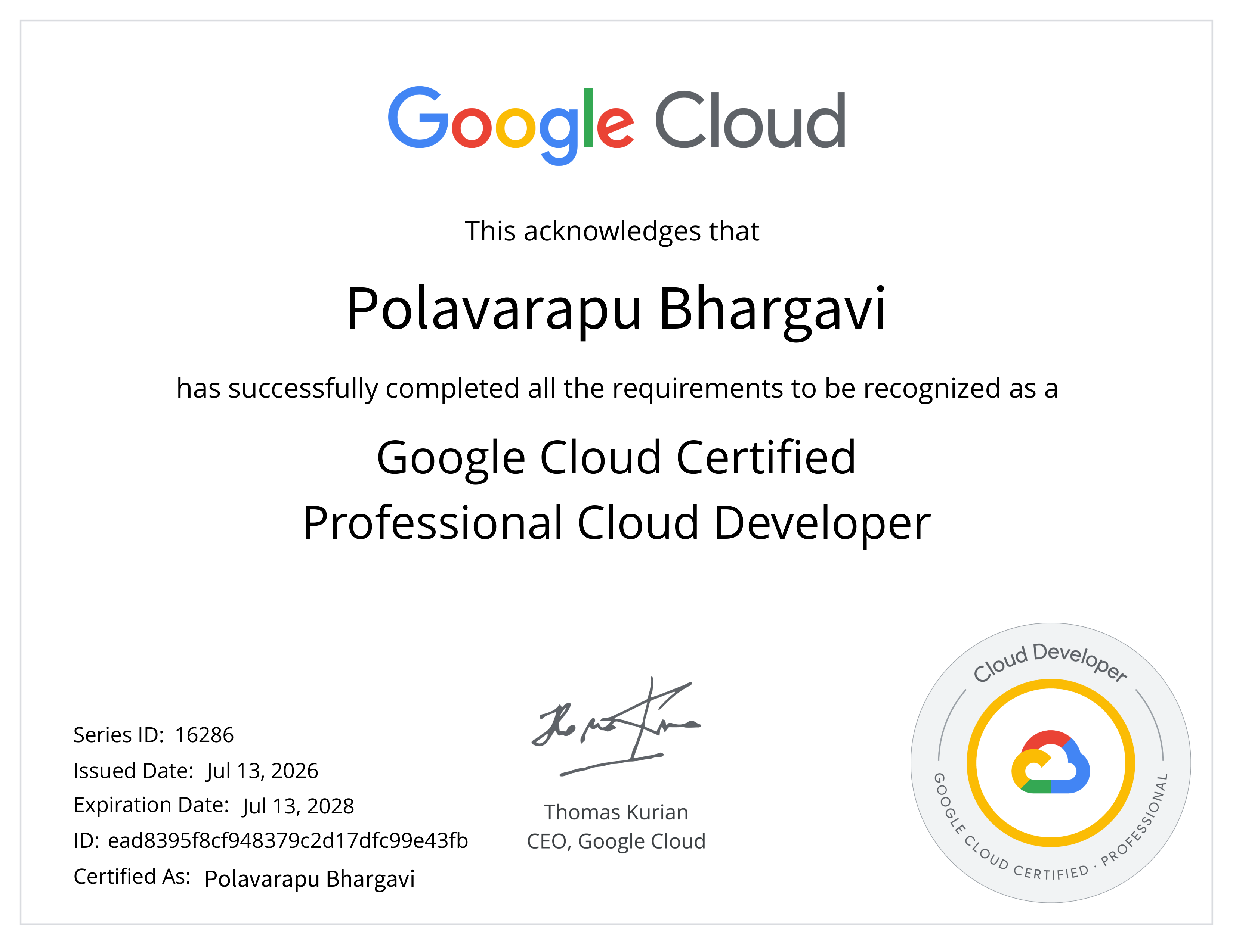 Bhargavi Bhanu Google Cloud Professional Cloud Developer certification