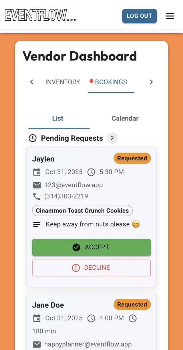 Vendor availability and booking requests UI