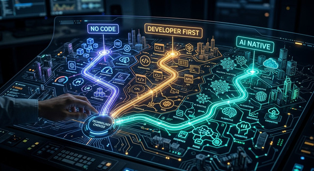 A futuristic digital map with distinct glowing pathways labeled No Code, Developer First, and AI Native representing different technology choices