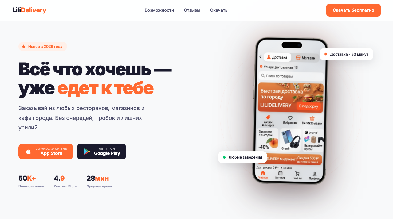 Промо-сайт приложения доставки еды