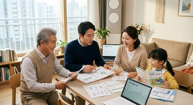 한국인 가족이 자연광 아래 자금을 재투자하는 방안을 고민하는 모습