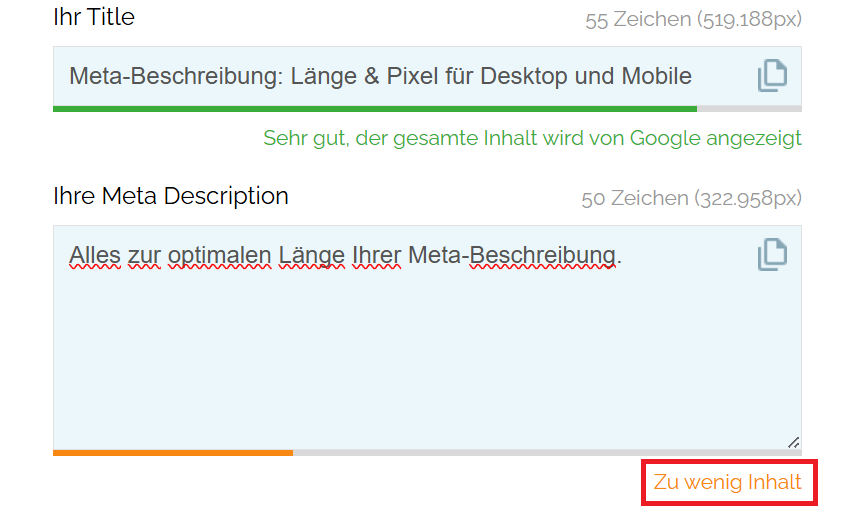 SERP Snippet Generator: Meta-Beschreibung ist zu kurz – viel ungenutzter weißer Raum im Snippet
