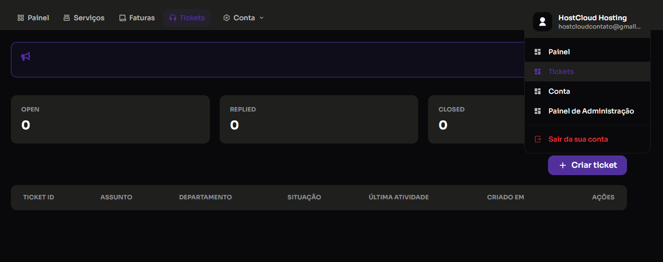 Captura de tela do painel