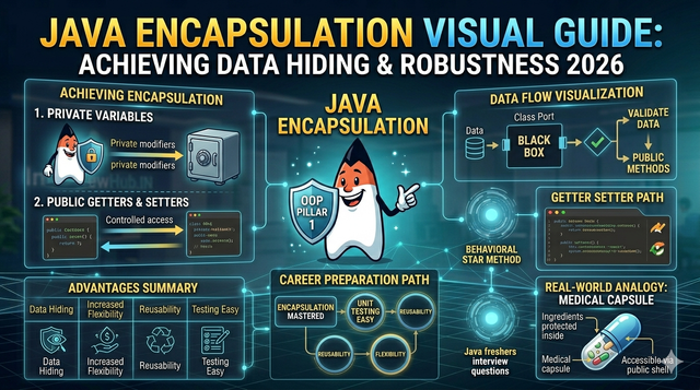 Java Encapsulation Infographic: A detailed visual guide explaining OOP encapsulation, private variable data hiding, public getter and setter methods, and robust code benefits at InterviewHub.IN.
