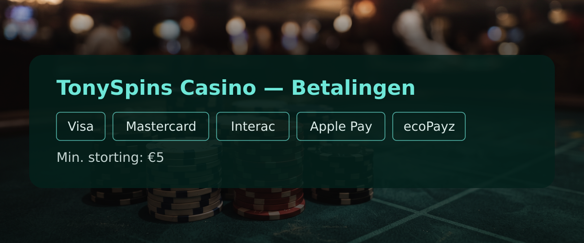 TonySpins Casino — Betalingen: Visa, Mastercard, Interac, Apple Pay, ecoPayz