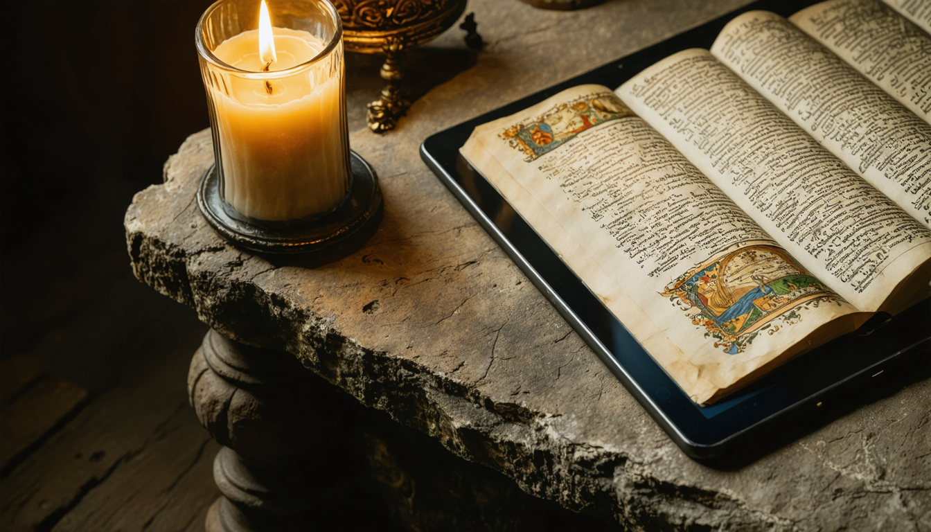An open medieval manuscript on a stone desk beside a modern tablet displaying a subscriber notification, both lit by a single candle.