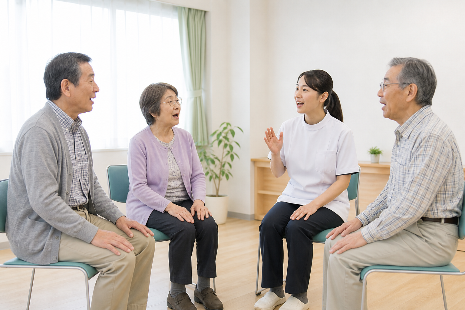 パーキンソン病のある高齢者が言語聴覚士と少人数で会話練習を行う様子