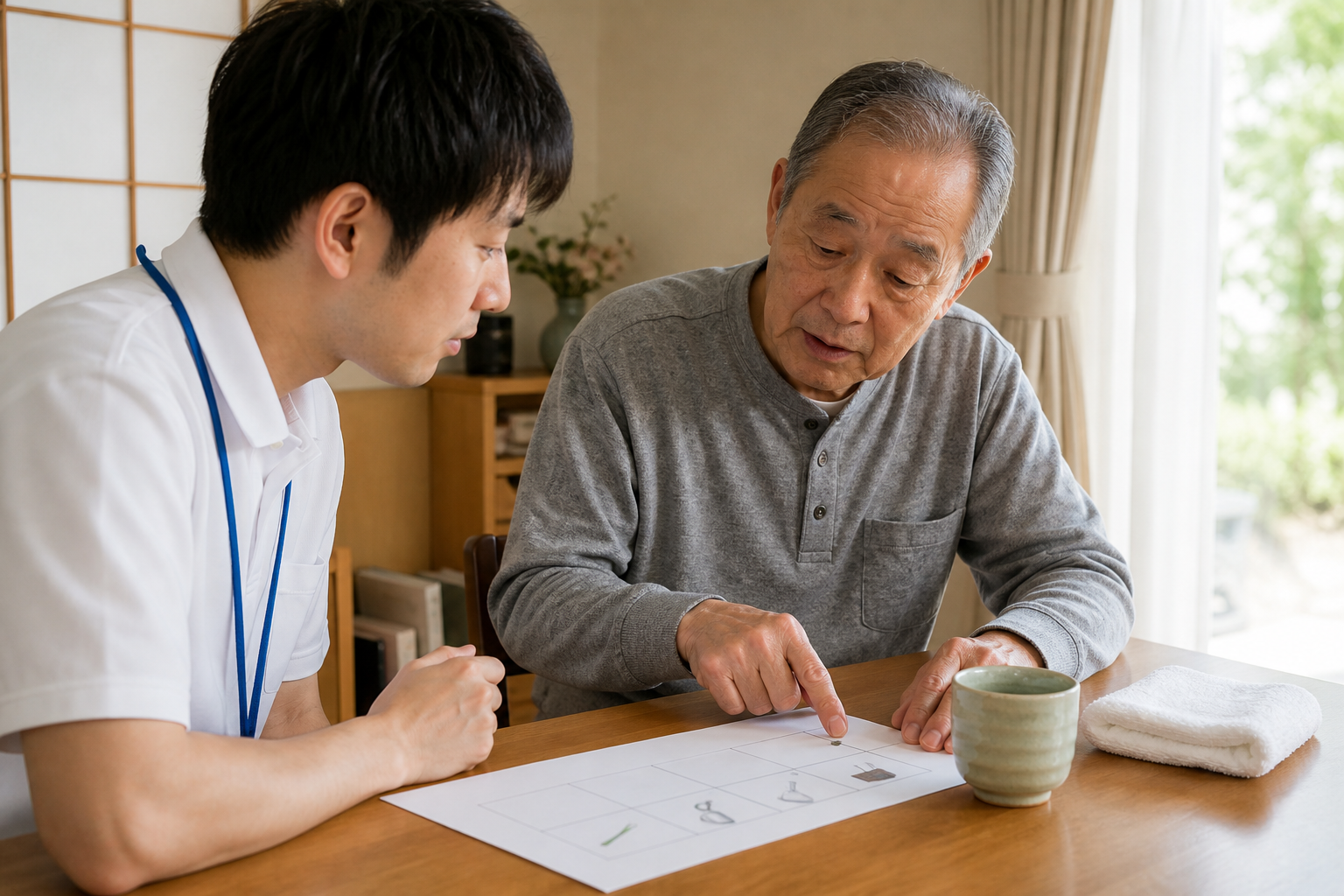 作業療法士と脳卒中後の本人が生活で取り組みたい活動について相談する場面