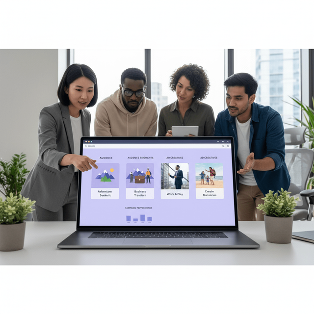 Hotel guest targeting concept with traveler segments and ad creatives