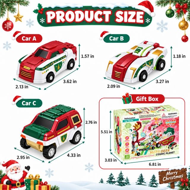 Dimensions of the three Christmas reindeer toy vehicles and gift box