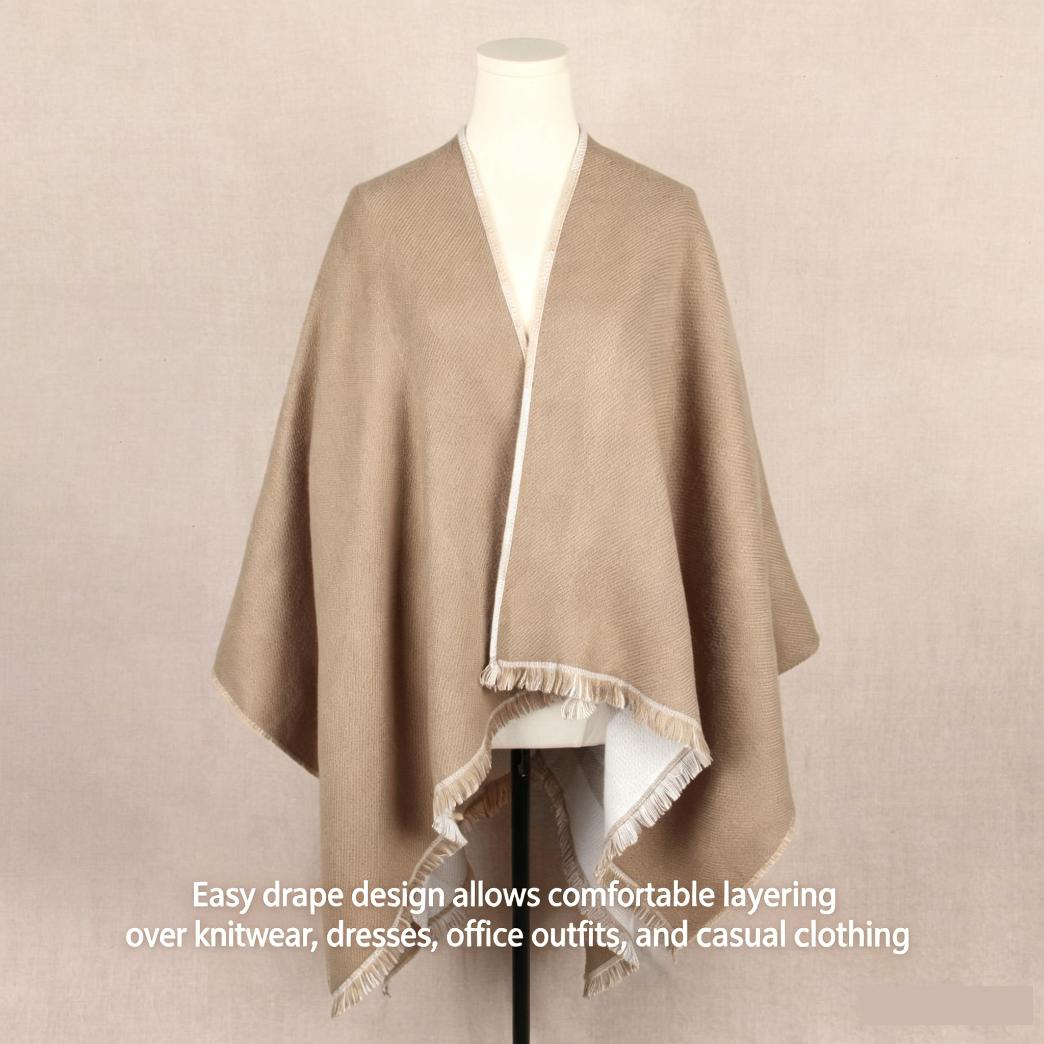 Beige and Brown Women Plaid Poncho Shawl Wrap - Faux Cashmere Reversible Cape Scarf with Fringe Trim, Warm Winter Layering Outerwear, Soft Neutral Checked Travel Friendly Style
