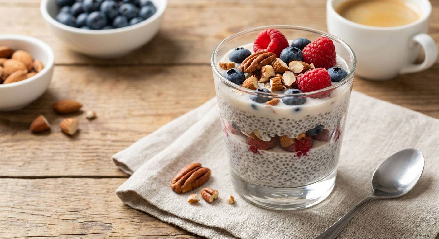 Pudding chia z mlekiem i owocami.