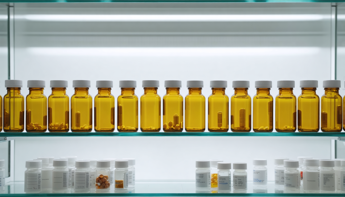 Amber bottles lined up like answers no one asked for, waiting behind glass in institutional light.