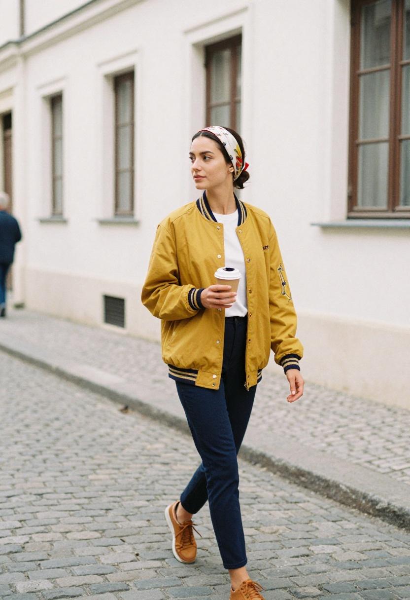 Woman in a mustard yellow varsity jacket with navy trim walking cobblestone streets with coffee