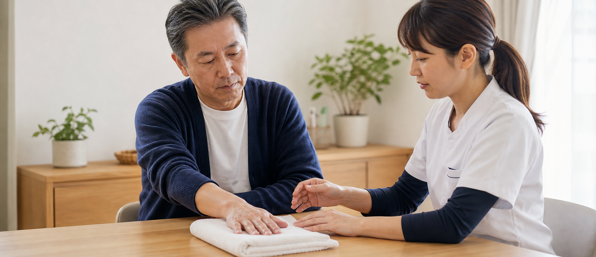 脳卒中後の上肢のしびれについて自宅で手の感覚を確認しているリハビリ場面