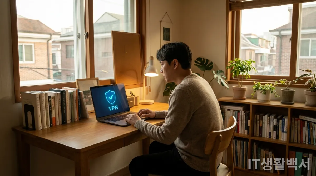 30대 한국인이 노트북 화면에 VPN 아이콘이 떠 있는 것을 보며 집중하는 모습, 현대적인 홈 오피스 배경
