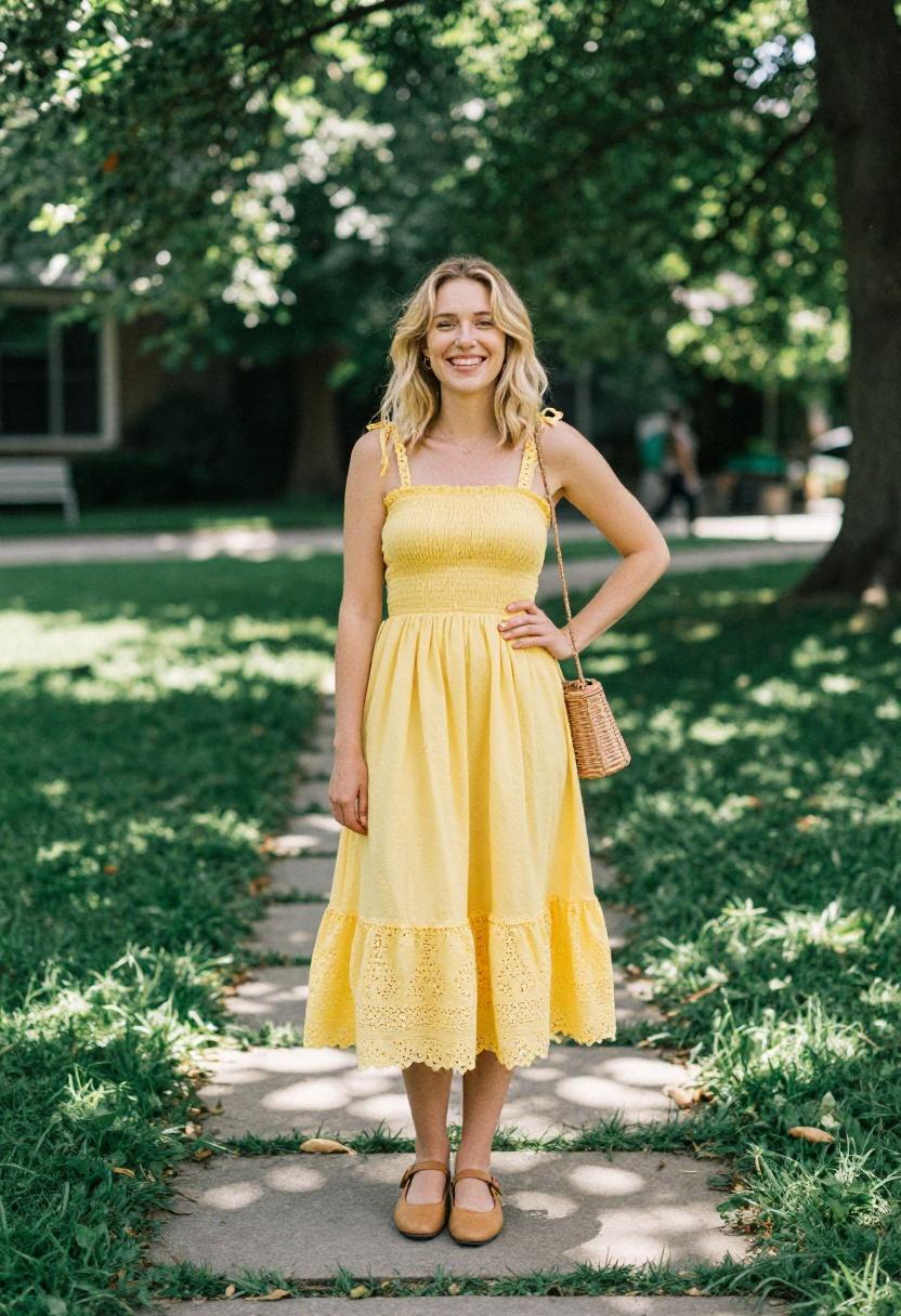 Butter-yellow smocked sundress with eyelet lace on a sunlit garden path
